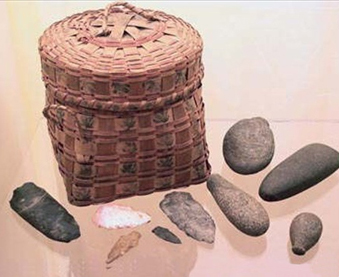 Native American Basket and Stone Tools Split ash wood & various stone.
